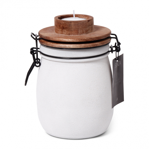Kaarsenhouder pot wit met houten deksel