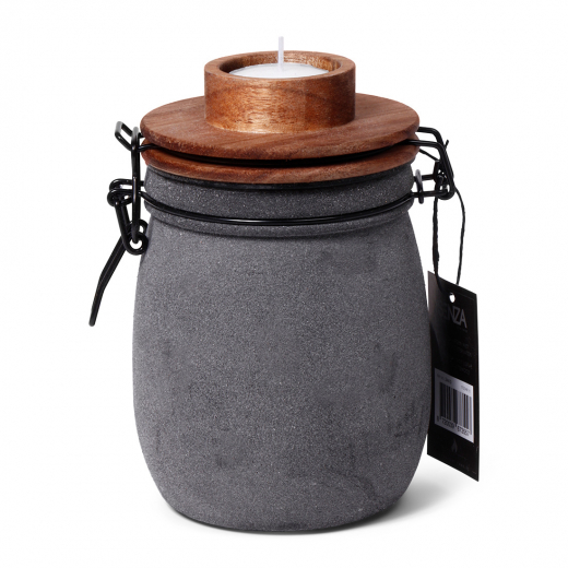 Kaarsenhouder pot grijs met houten deksel