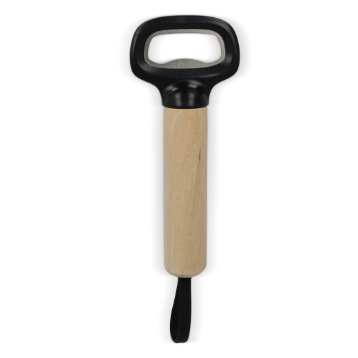 Flesopener met houten handvast en riem